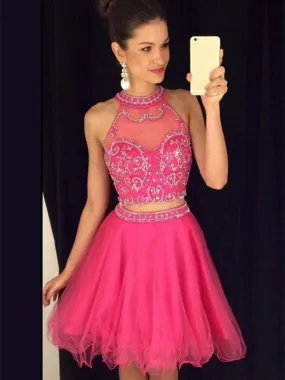 A Line Halter Neck Short 2 Pieces Rose Prom Dress, 2 Pieces Rose Homecoming Dress, 2 Pieces Graduation Dress