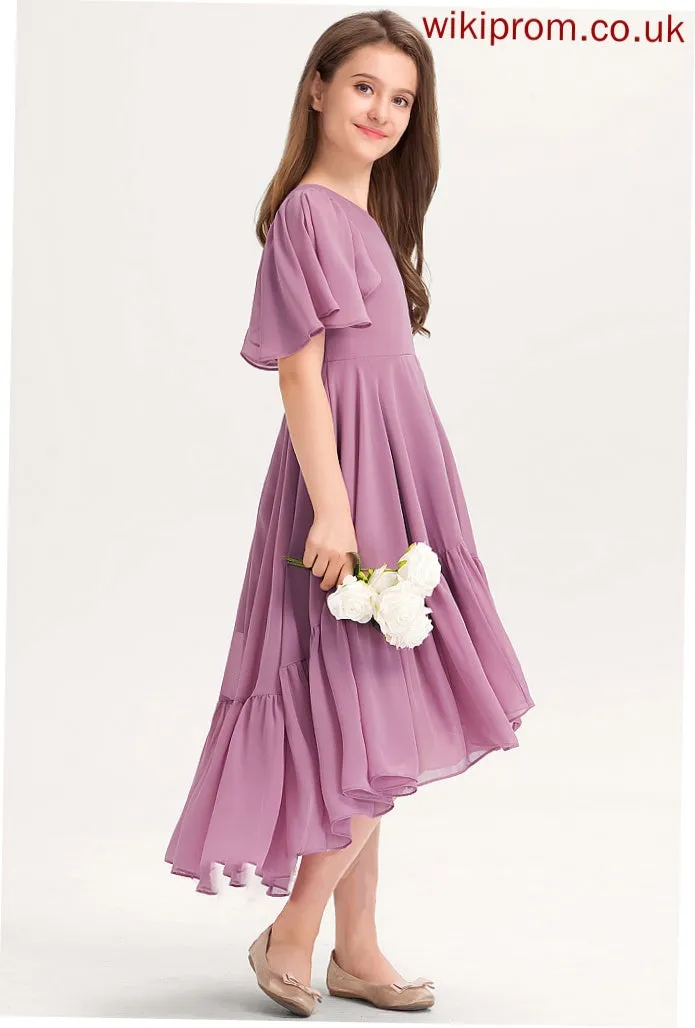 Asymmetrical Chiffon V-neck Ruffles Diamond With Cascading A-Line Junior Bridesmaid Dresses