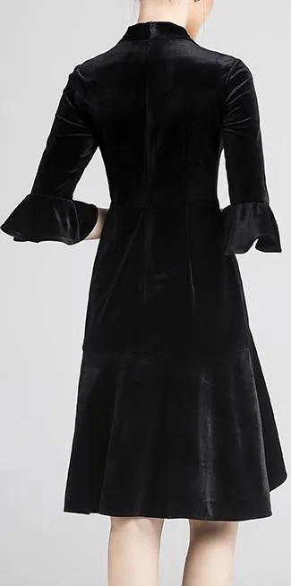 Asymmetrical Embroidered Black Velvet Dress