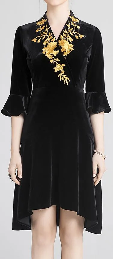 Asymmetrical Embroidered Black Velvet Dress