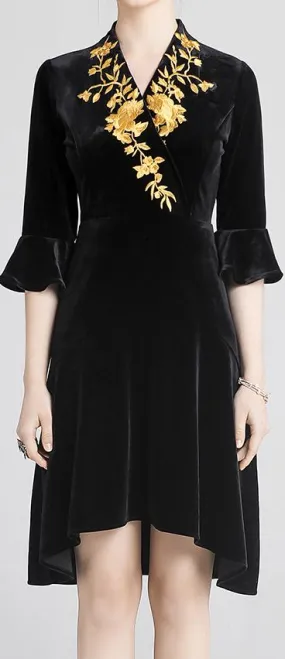 Asymmetrical Embroidered Black Velvet Dress