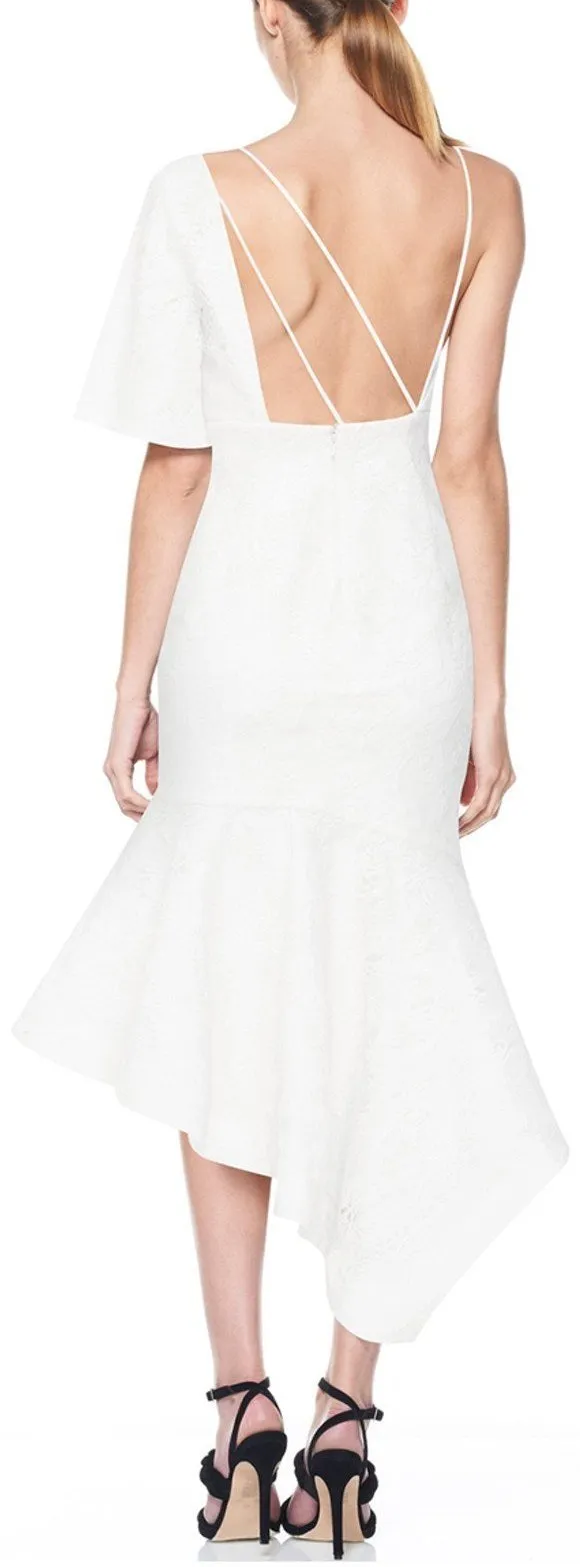 Asymmetrical Leaf-Embroidered White Dress