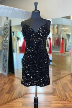 Black Sequin V-Neck Backless Short Homecoming Dress Wedding