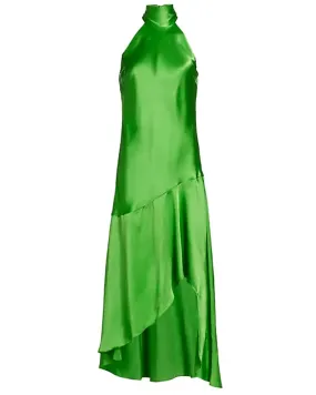 Bright Peridot Tie Neck Asymmetrical Midi Dress