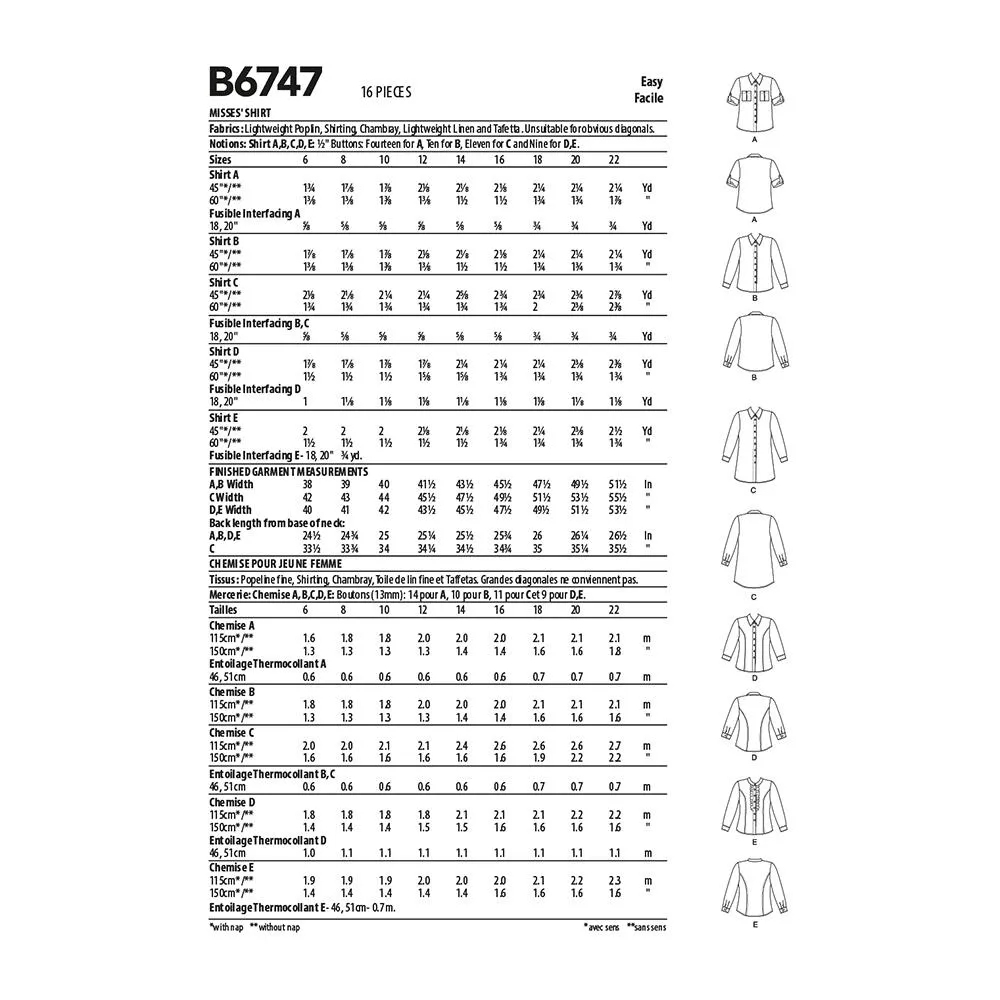 Butterick Pattern B6747 Misses' Button-Down Collared Shirts