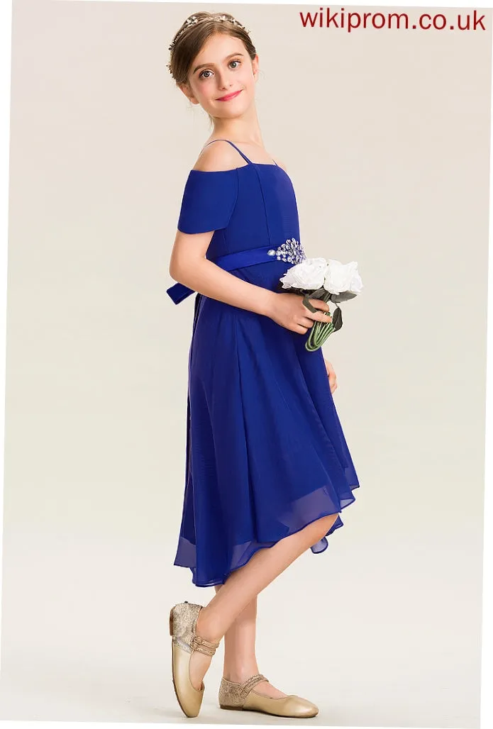 Chiffon Marlee A-Line Beading Bow(s) Junior Bridesmaid Dresses Off-the-Shoulder With Asymmetrical