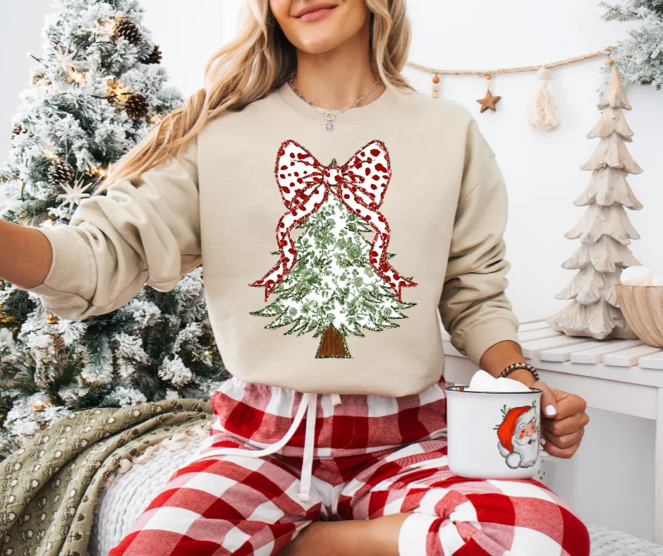 Coquette Christmas Tree Bow Green Floral Pattern Tan/Cream Sweatshirt