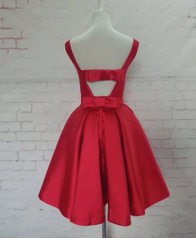 Cute Red A Line Satin Short Prom Dress, Backless Red Homecoming Dresses