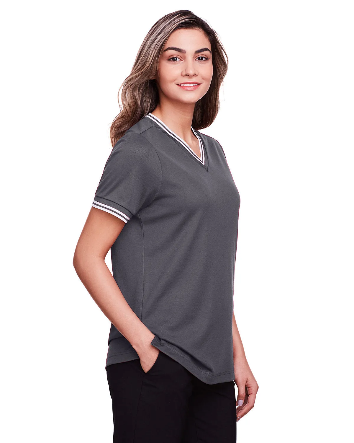 Devon & Jones CrownLux Performance Ladies' Plaited Tipped V-Neck Top