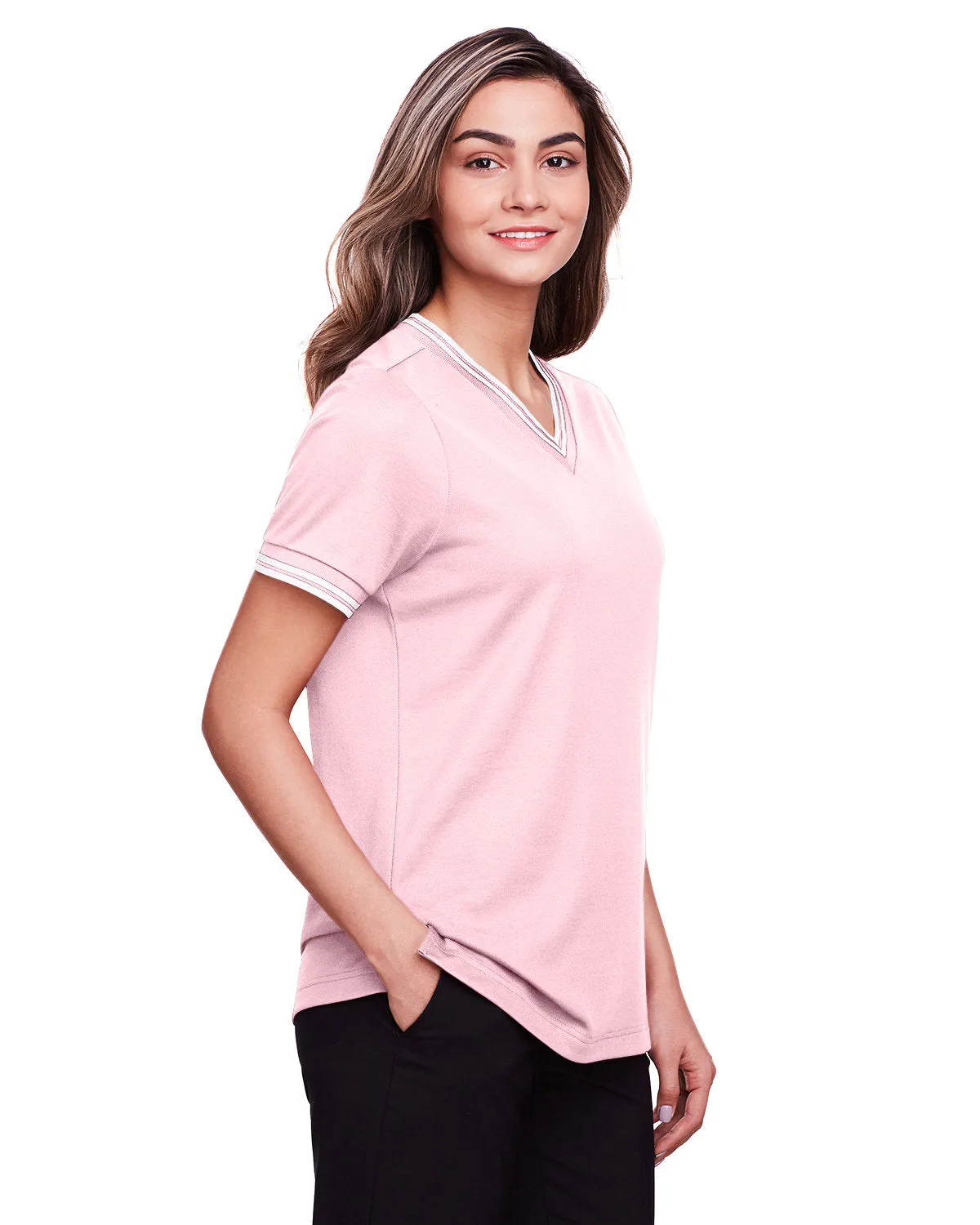 Devon & Jones CrownLux Performance Ladies' Plaited Tipped V-Neck Top