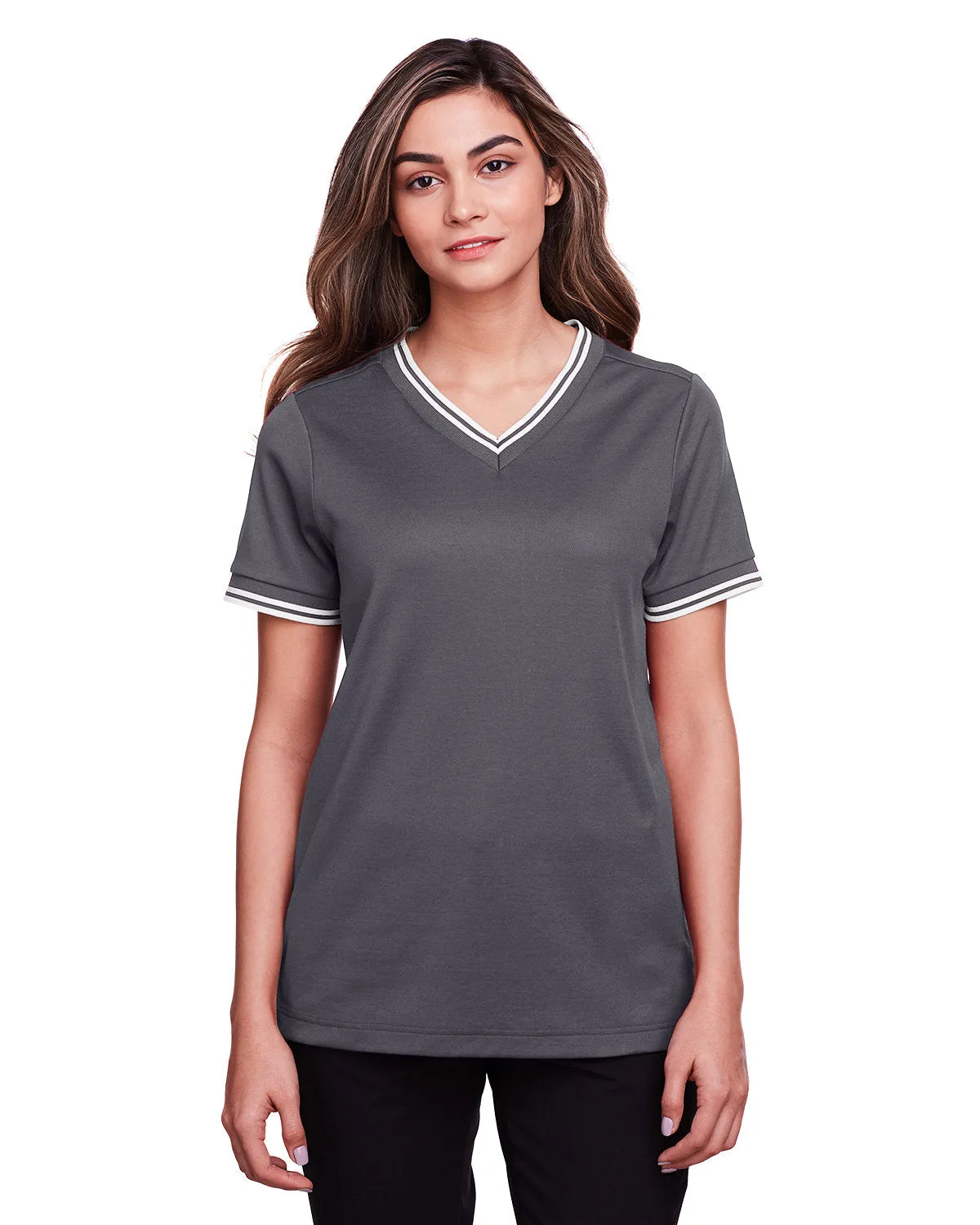 Devon & Jones CrownLux Performance Ladies' Plaited Tipped V-Neck Top