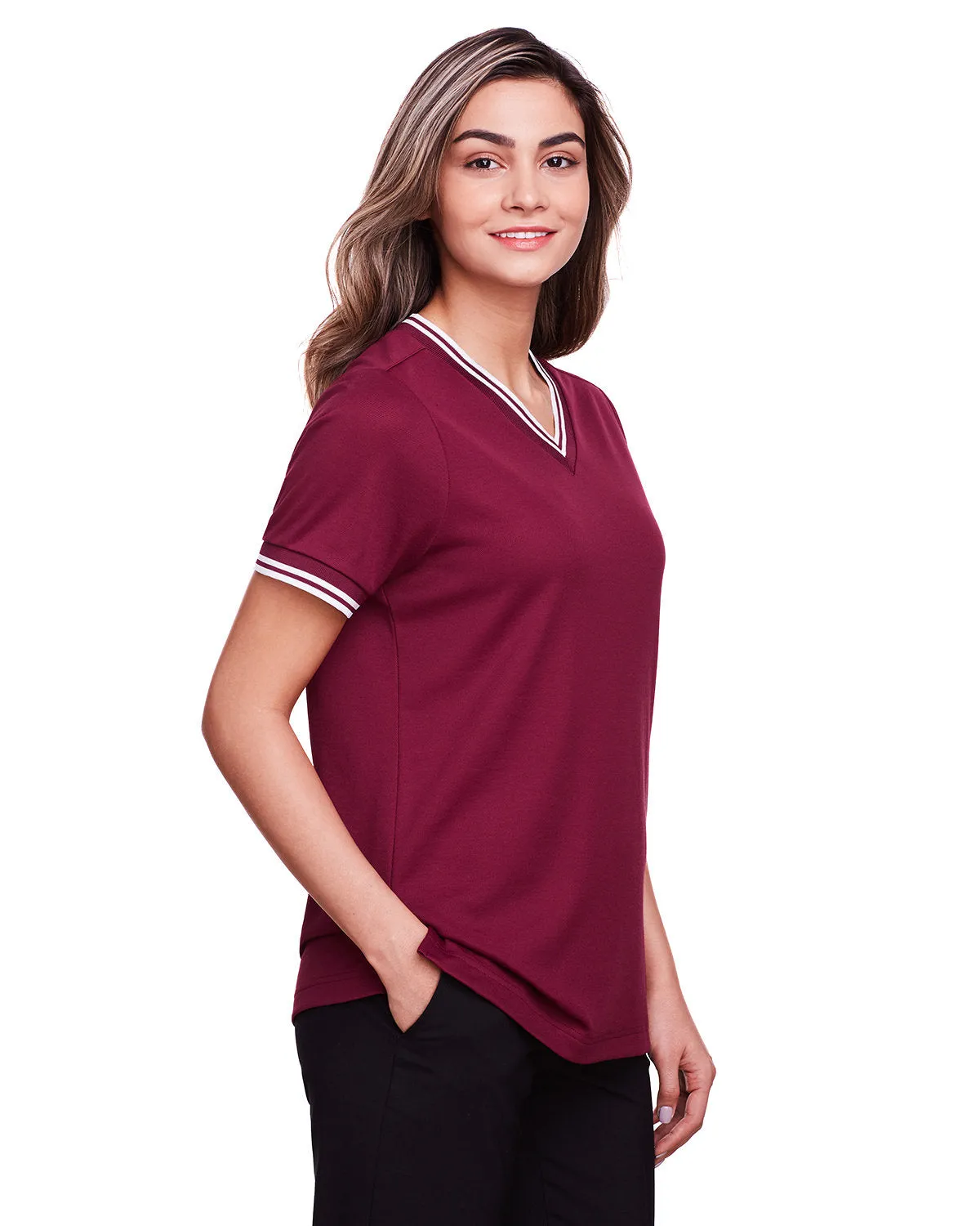 Devon & Jones CrownLux Performance Ladies' Plaited Tipped V-Neck Top