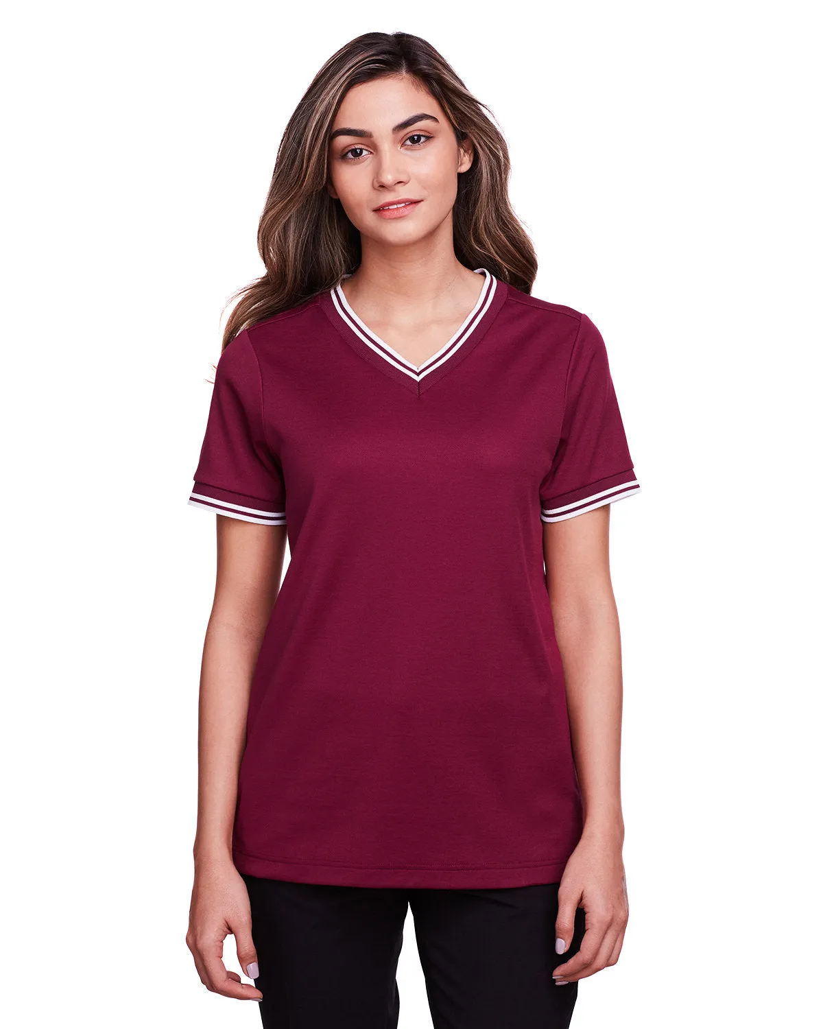 Devon & Jones CrownLux Performance Ladies' Plaited Tipped V-Neck Top