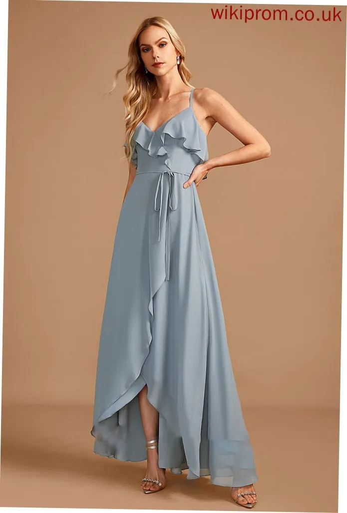 Embellishment Silhouette Length Asymmetrical V-neck Neckline Ruffle Fabric A-Line Adriana A-Line/Princess Sleeveless Bridesmaid Dresses