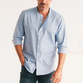 Essential Band Collar Button Down Shirt - Classic Blue Cotton Oxford