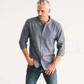 Essential Band Collar Button Down Shirt - Navy Cotton End-on-end