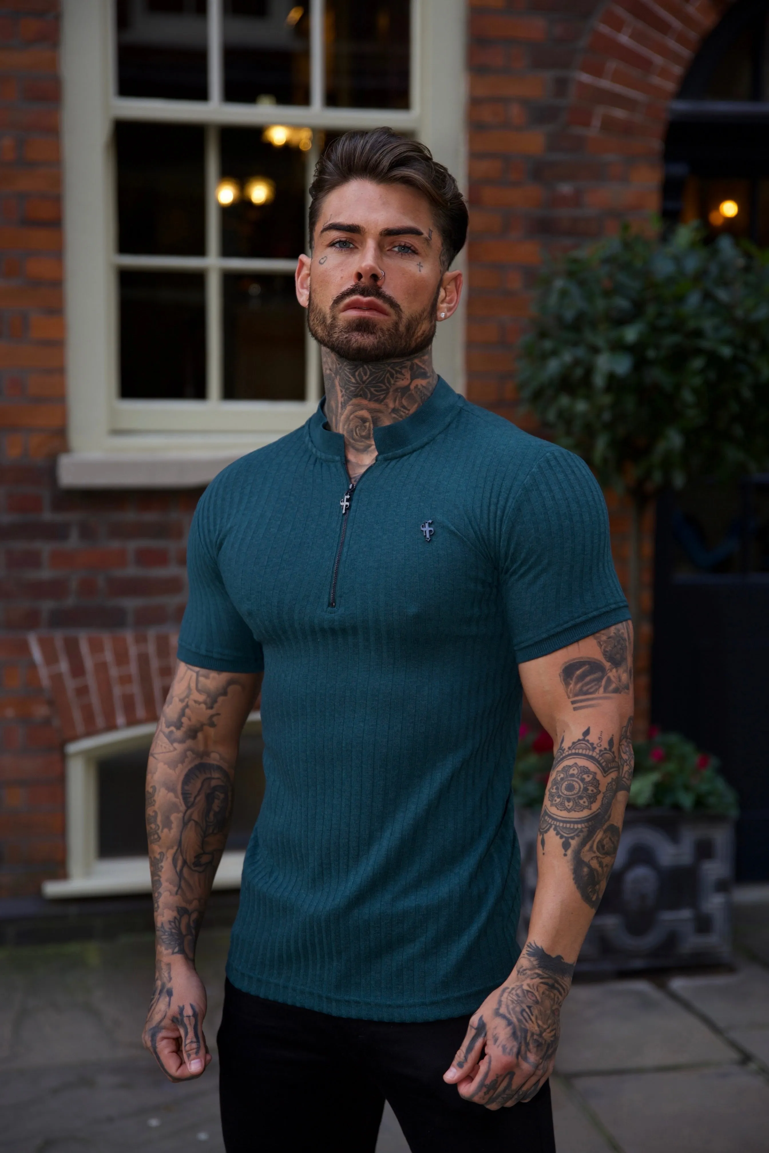 Father Sons Classic Forest Green / Black Ribbed Black Zip Grandad Collar Shirt Short Sleeve - FSH917