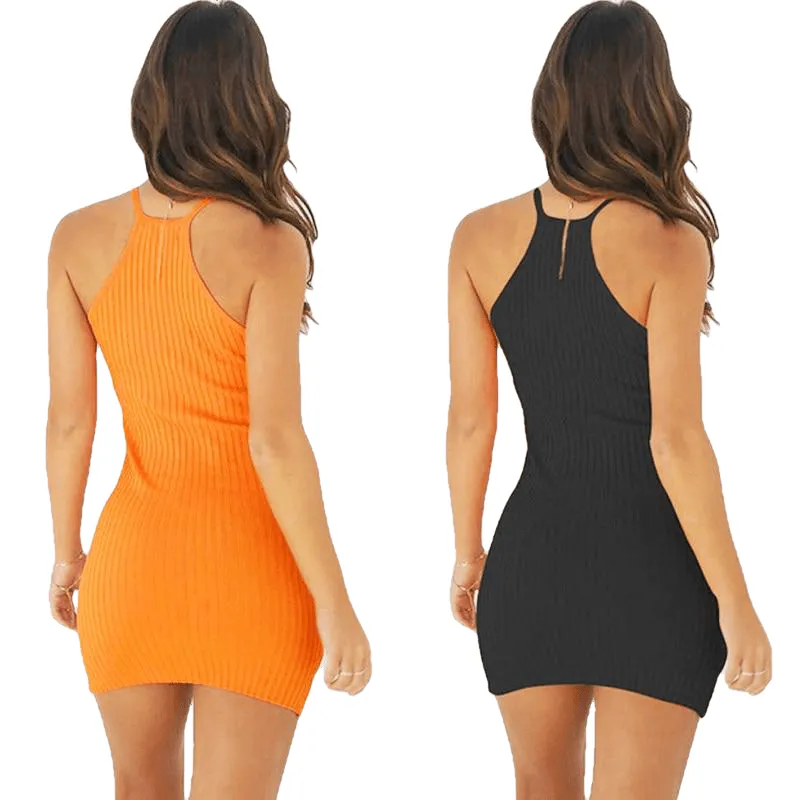 Female Solid Color Sexy Spaghetti Strap Stretchy Halter Dress For Club