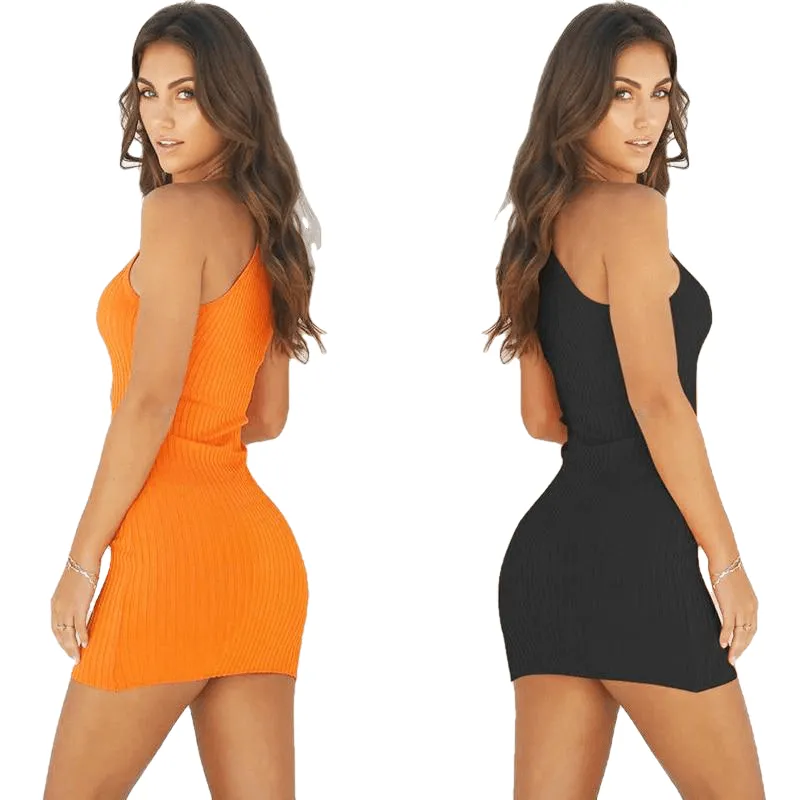 Female Solid Color Sexy Spaghetti Strap Stretchy Halter Dress For Club