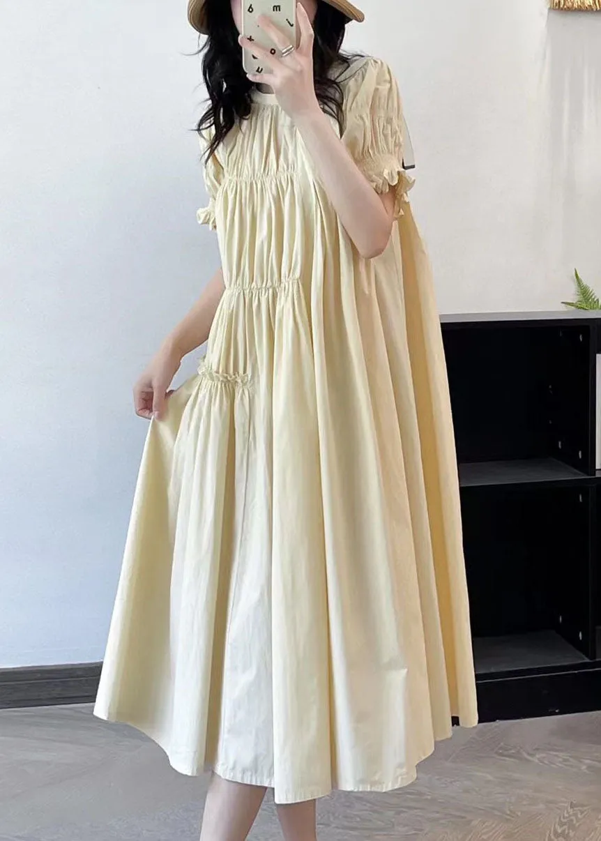 French Beige Ruffled Asymmetrical Patchwork Cotton Long Dresses Summer FF006