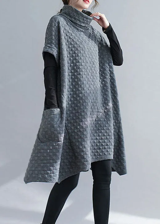 French Grey Asymmetrical Pockets Cotton Dresses Short Sleeve