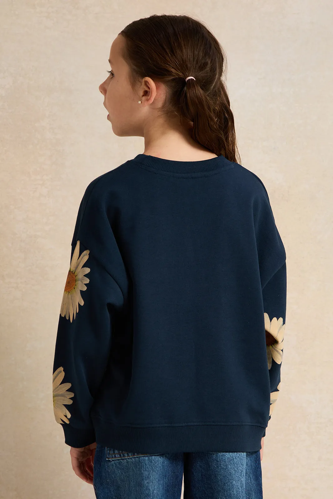 Girls Navy Flower Printed Sweatshirt