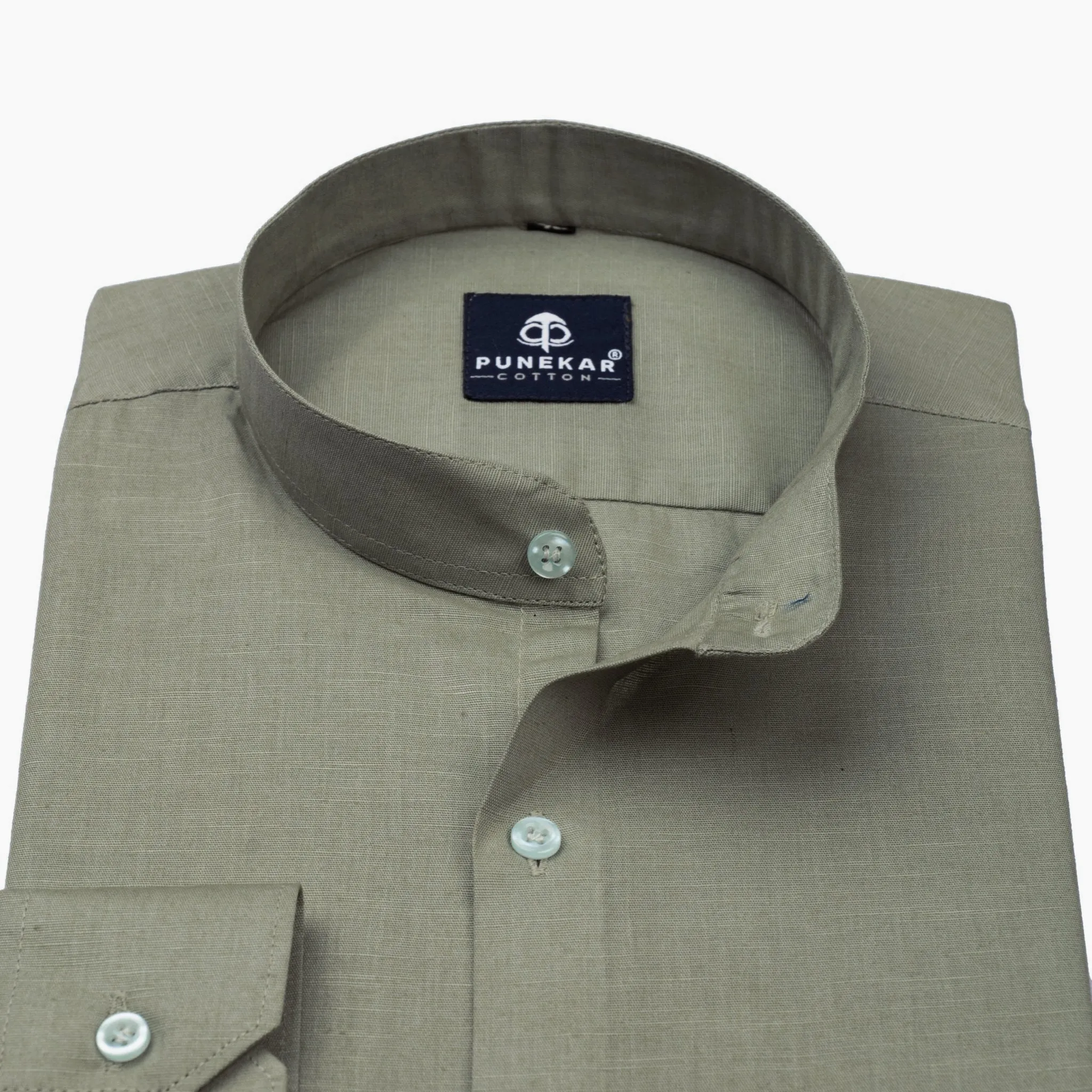 Grey Color Band Collar Solid Shirt For Men