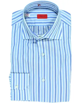 Isaia Dress Shirt White Blue Stripes 39 - 15 1/2 Regular Fit