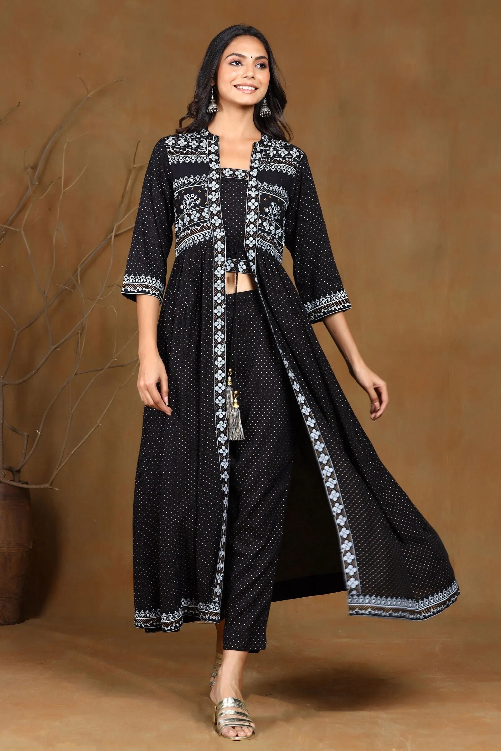 Jashvi Black Ethnic Motif Printed Rayon Jacket Style Kurta & Pants Set.