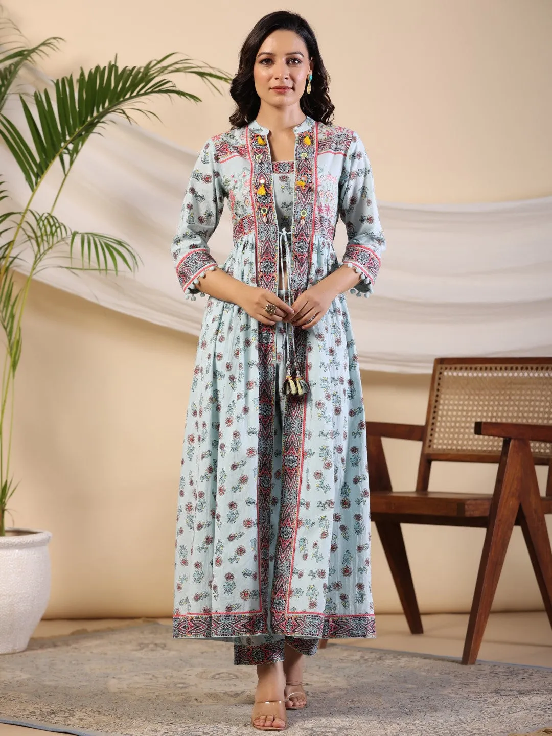 Jashvi Sky Blue Floral Printed Pure Cotton Kurta & Pants Set With Lace