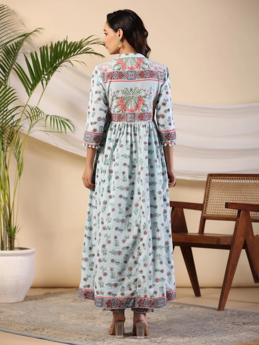 Jashvi Sky Blue Floral Printed Pure Cotton Kurta & Pants Set With Lace