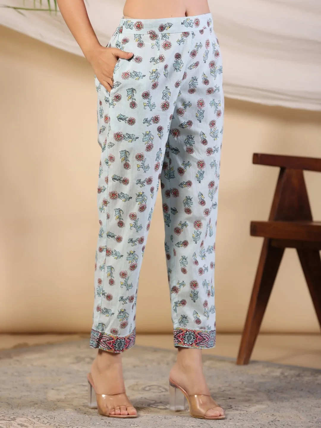 Jashvi Sky Blue Floral Printed Pure Cotton Kurta & Pants Set With Lace