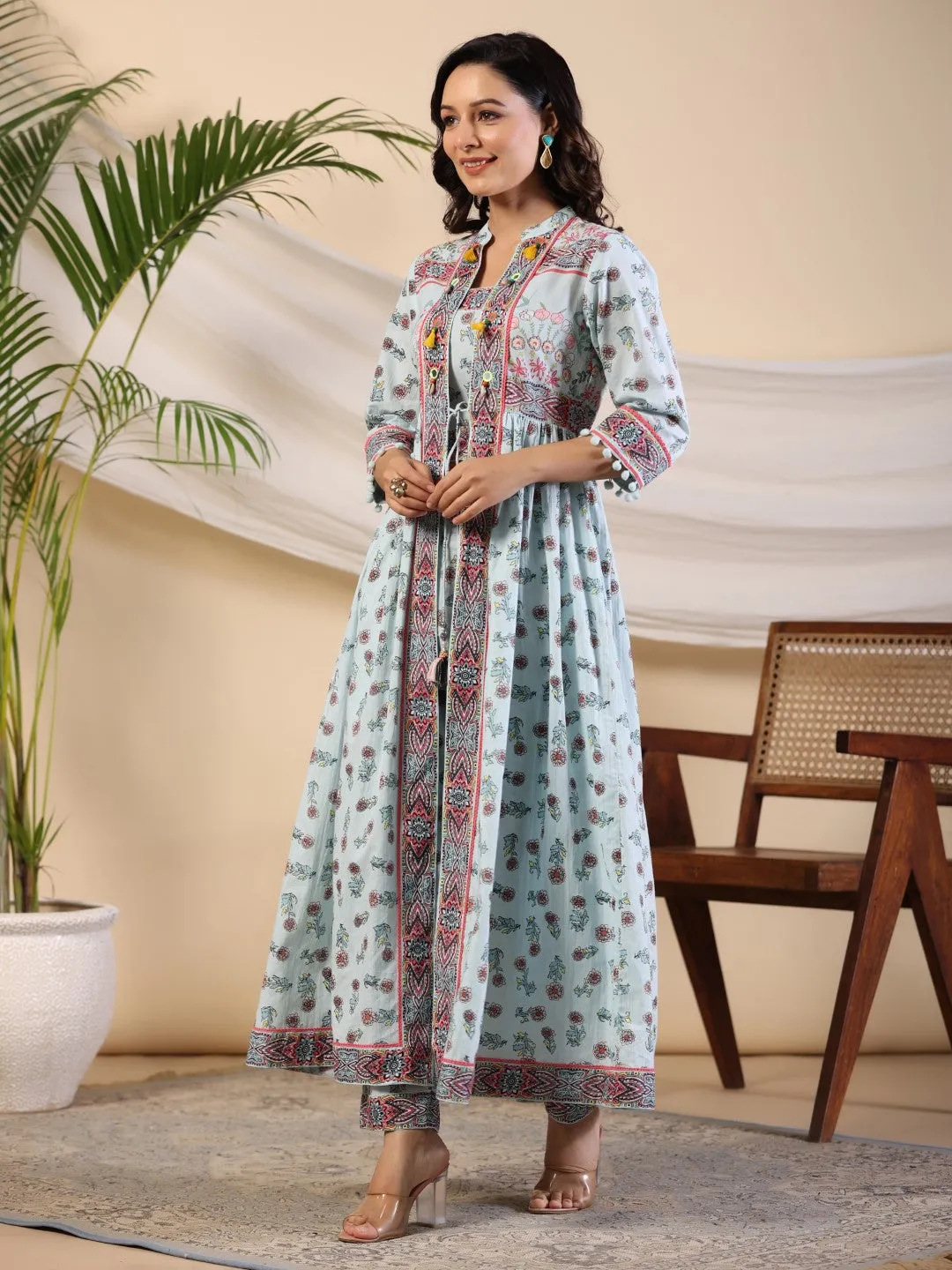 Jashvi Sky Blue Floral Printed Pure Cotton Kurta & Pants Set With Lace