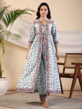 Jashvi Sky Blue Floral Printed Pure Cotton Kurta & Pants Set With Lace