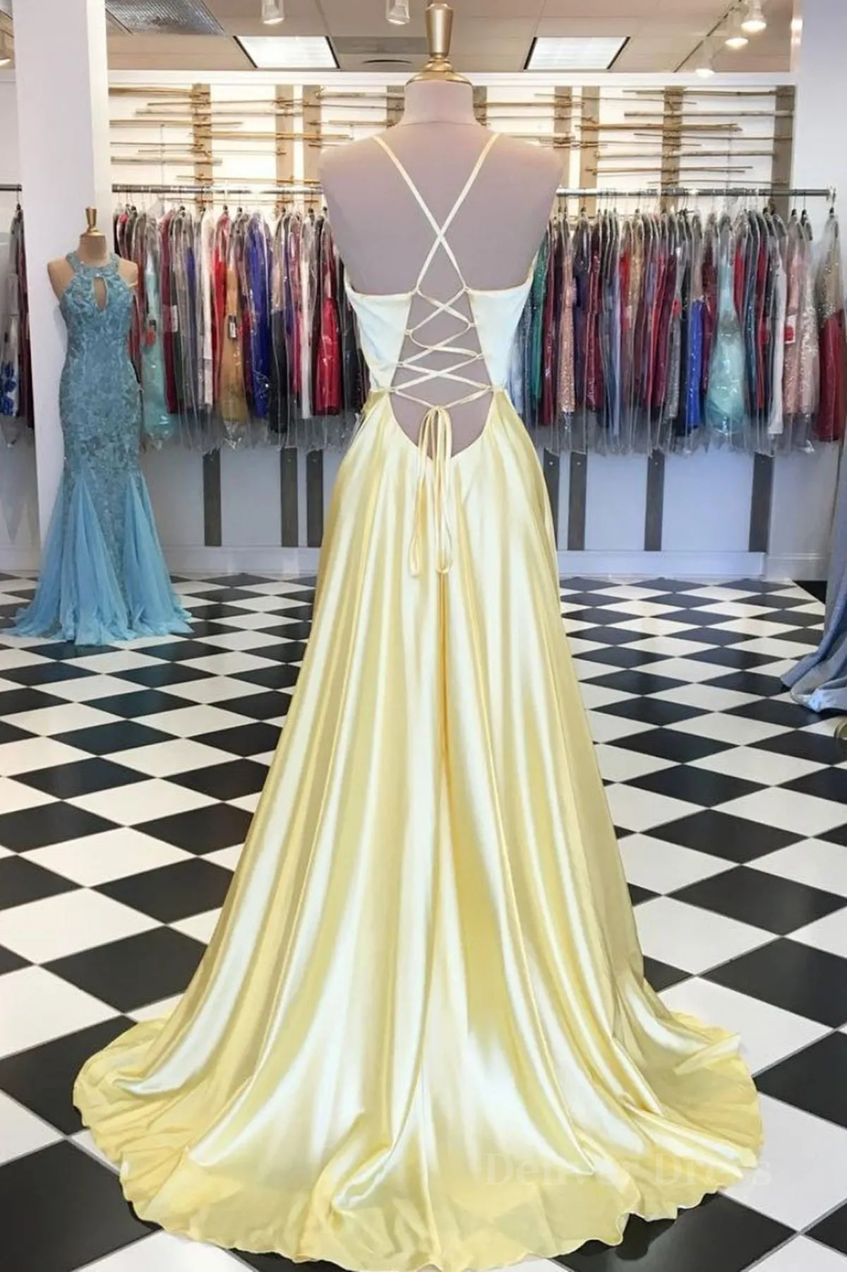 kamahe A Line V Neck Yellow Long Prom Dresses, Yellow Long Backless Formal Evening Dresses