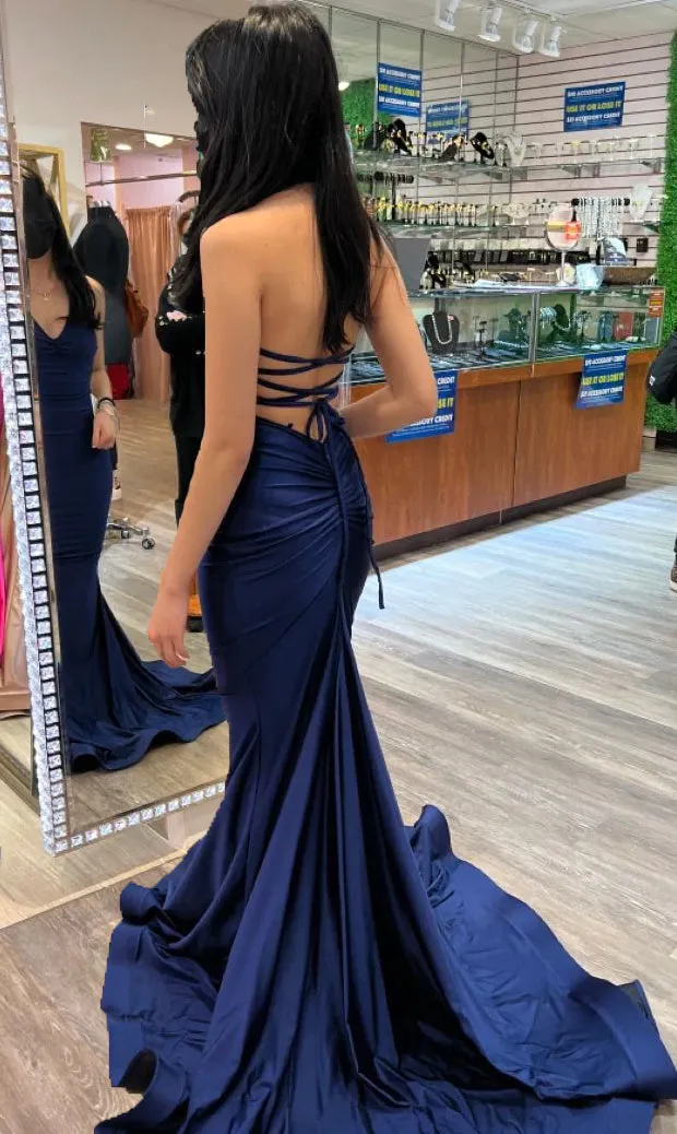 kamahe Charming Navy Mermaid Prom Dress,Backless Evening Gown