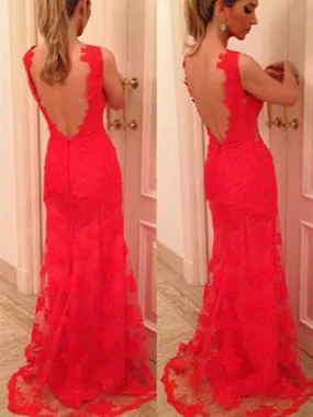 kamahe Custom Made V Neck Back Mermaid Backless Red Lace Prom Dresses, Red Lace Formal Dresses