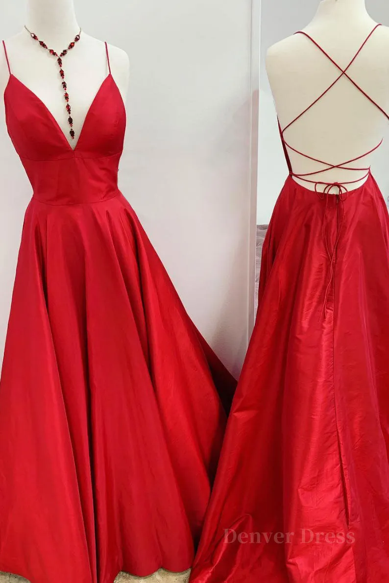 kamahe Red v neck backless satin long prom dress red evening dress