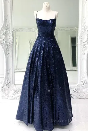 kamahe Sparkly Backless Navy Blue Long Prom Dresses, Open Back Long Navy Blue Formal Evening Dresses