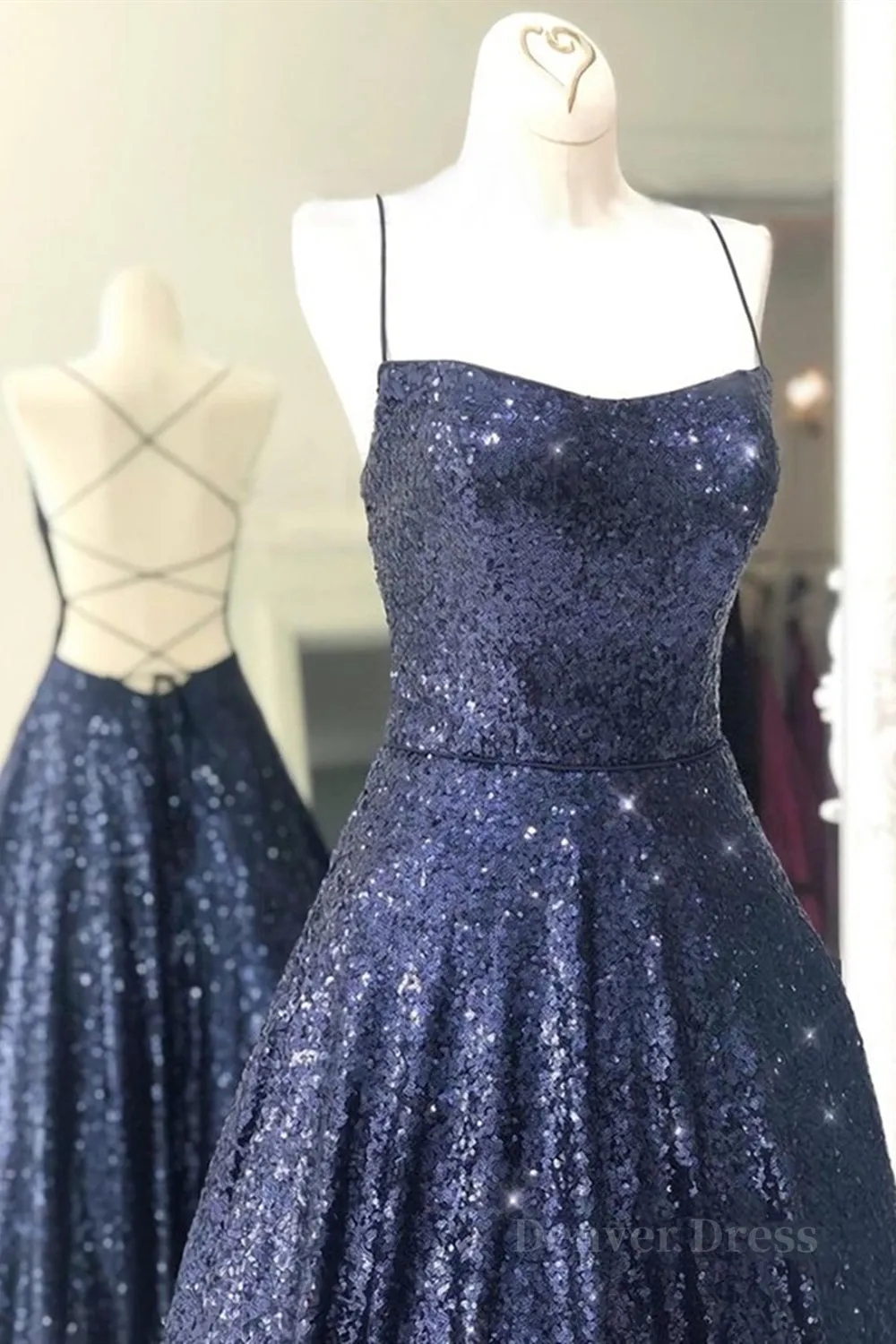 kamahe Sparkly Backless Navy Blue Long Prom Dresses, Open Back Long Navy Blue Formal Evening Dresses