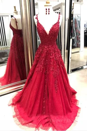 kamahe V Neck Backless Burgundy Lace Long Prom Dresses, Burgundy Lace Formal Graduation Evening Dresses