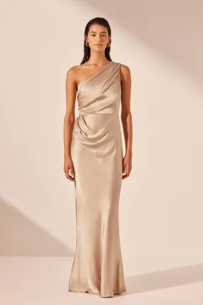 LA LUNE GATHERED ONE SHOULDER MAXI DRESS - GOLD