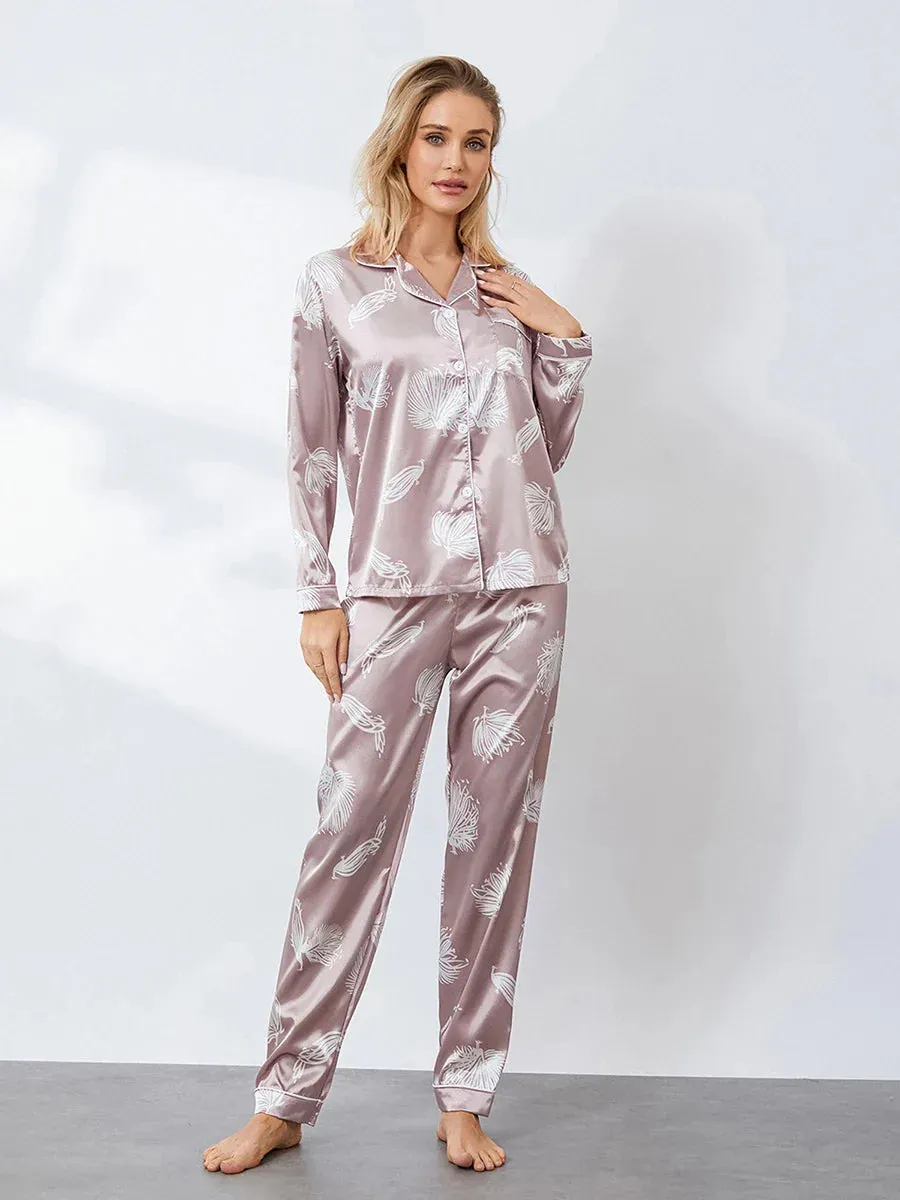 Long Sleeves Peacock Print Button Shirt Elastic Pants Satin Pajamas