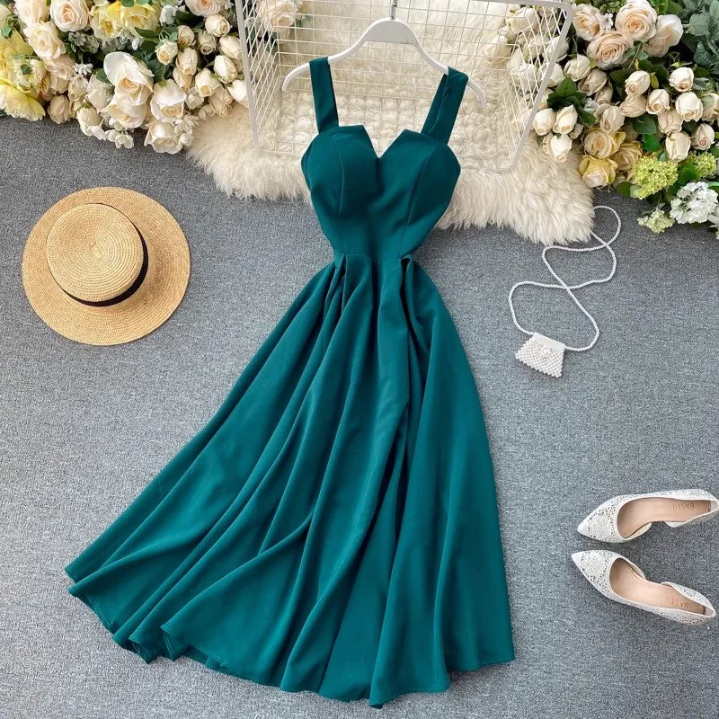 New design V-neck backless solid color long skirt women's dress    S4564