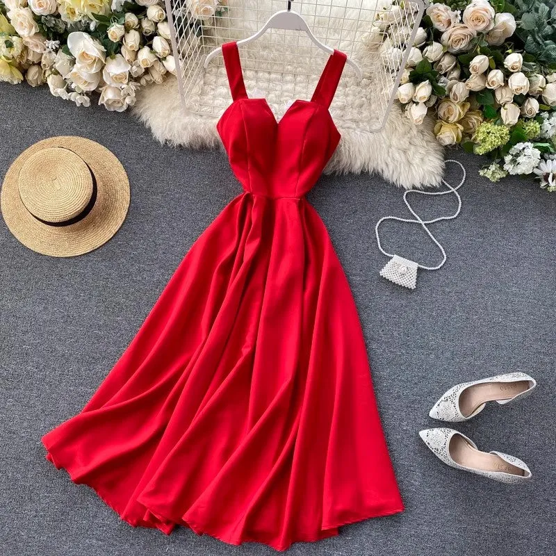 New design V-neck backless solid color long skirt women's dress    S4564