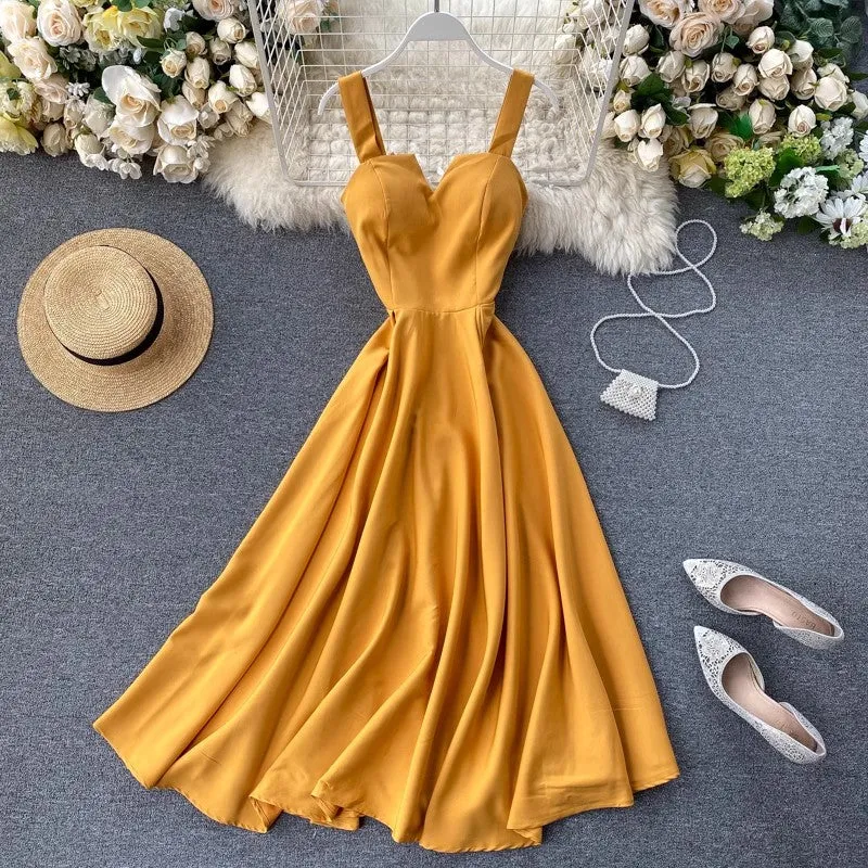 New design V-neck backless solid color long skirt women's dress    S4564