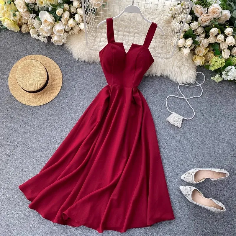 New design V-neck backless solid color long skirt women's dress    S4564