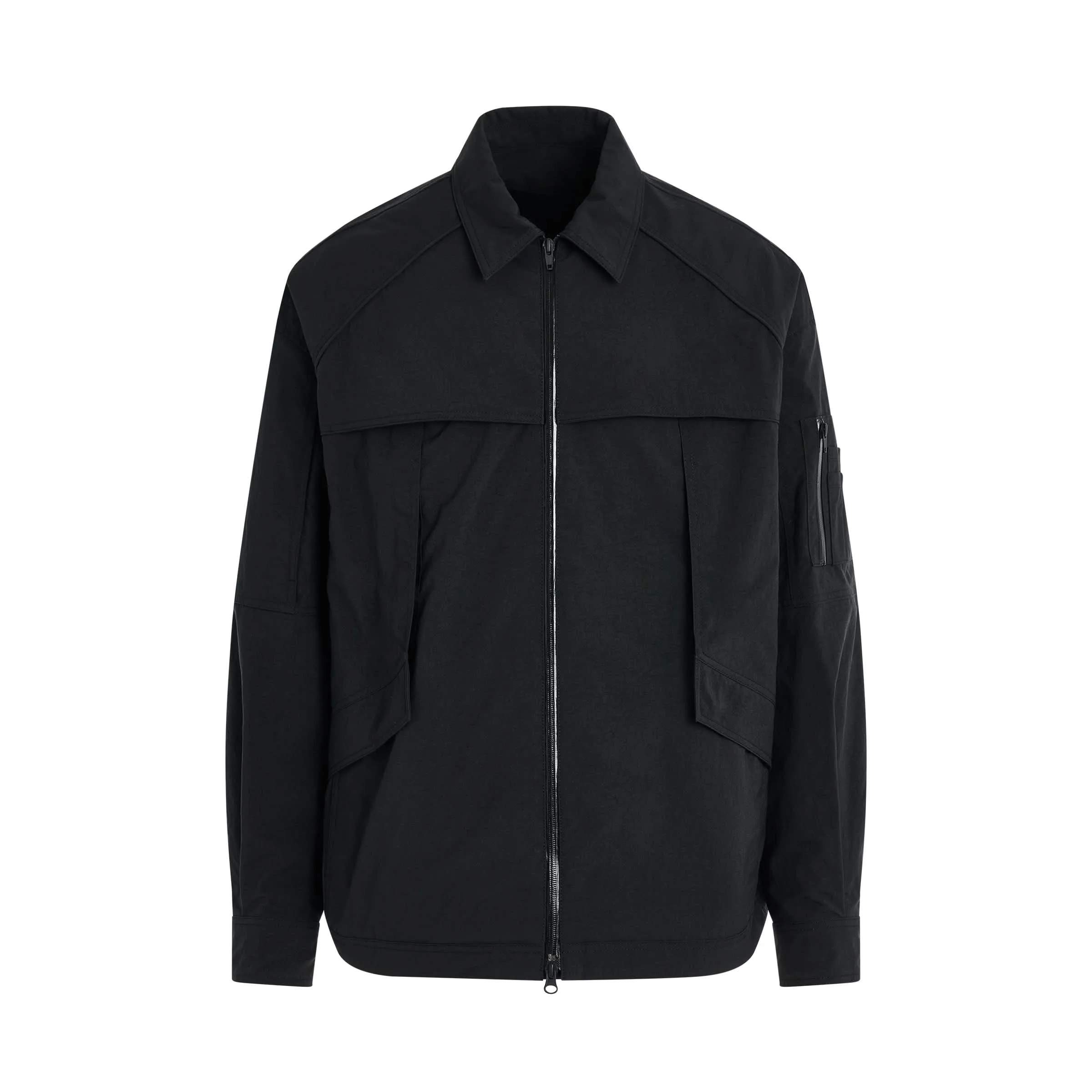 Nylon Military Detail Zip-up Shirts in Black