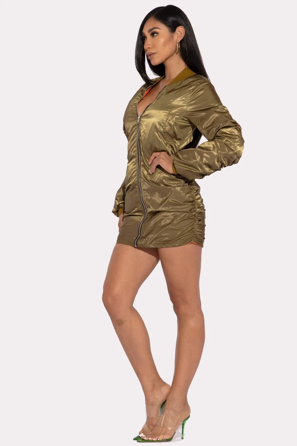 Olive Backless Bomber Mini Dress