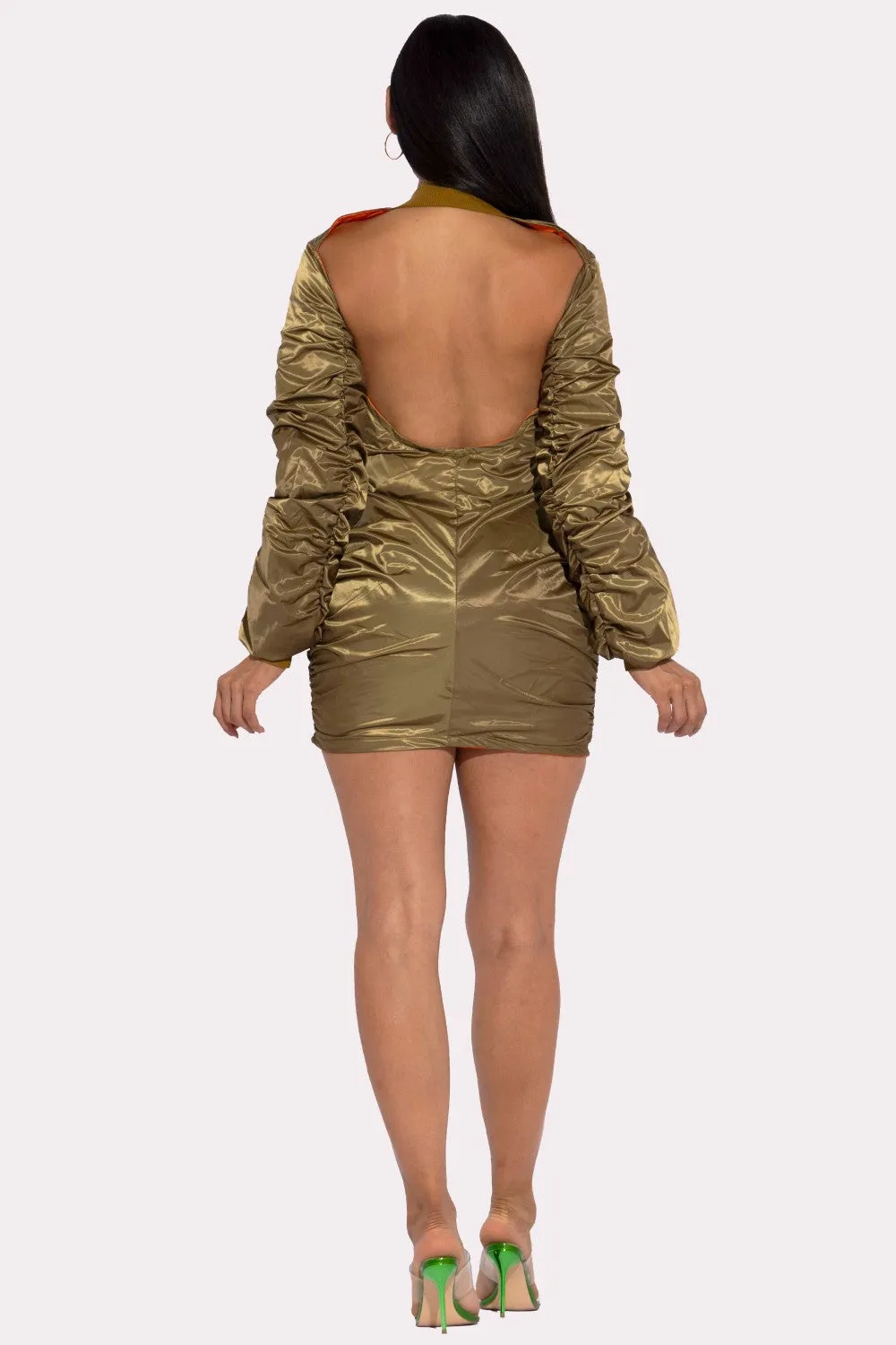 Olive Backless Bomber Mini Dress